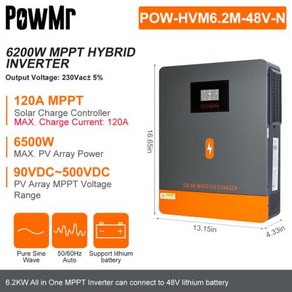 인버터 MPPT 6.2KW 230VAC AC 태양광 PowM 충전 하이브리드 와이파이 PV 입력 60 컨트롤러 지지대 500VDC ~ 출력 듀얼 4.2KW 120A, 3) 6.2KW 48V - Without WIFI -