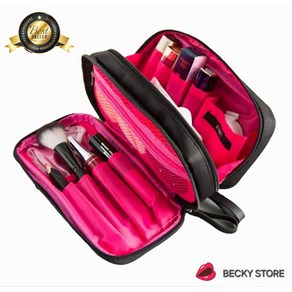 BECKY STORE 뷰티 화장품 멀티 파우치 매쉬소재 메이크업 브러시 케이스 2단 분리형, 핑크, 1개