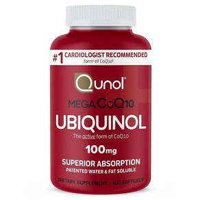 Qunol Mega Ubiquinol 100mg CoQ10 우수한 흡수 특허받은 수용성 및 지용성 천연 보충제 형태의 코엔자임 Q10 심장 건강을 위한 항산화 물질 100개, 1개