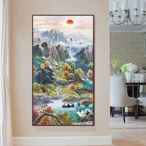 Zhangzhou Guoxing일출 학 폭포 십장생 배산임수 풍수 만물 소생 보석 비즈 십자수 diy 재료, 45x70cm, 1개