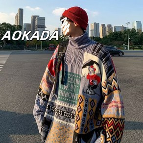 AOKADA 스웨터 남녀 커플 겨울 귀여운 곰돌이 패턴 INS 트렌드 니트 스웨터 루즈핏 캐주얼 하이넥 니트 자켓 3colos