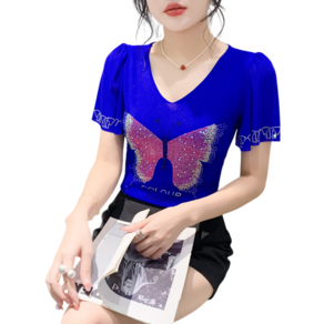 댄스복 상의여성용 브이넥 망사 나비 핫피스 스판 반팔 티셔츠 Women's T-shirt 뉴타임즈 L471G763