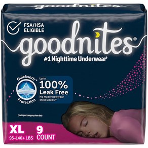 Goodnites Nighttime Bedwetting 언더웨어 여아용 XL (43.1-63.5kg) 9개입