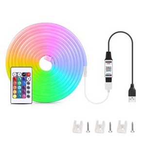 DC 5V RGB 네온 LED 스트립 블루투스 앱 24 키 원격 방수 네온 스트립 조명 TV 홈 야외 장식 조명용 RGB, 1개, 1) RGB - 1M