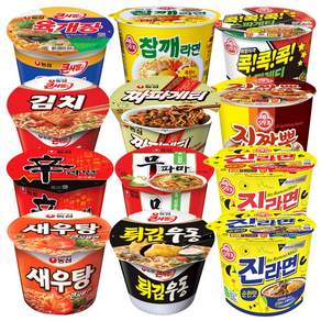 [햇살마중] 농심+오뚜기 용기컵라면 12종 새우탕+신라면+김치 큰사발+육개장 큰사발+ 튀김우동+ 무파마+짜파게티+참깨라면+진라면순한맛+진라면매운맛+스파게티+진짬뽕, 1세트