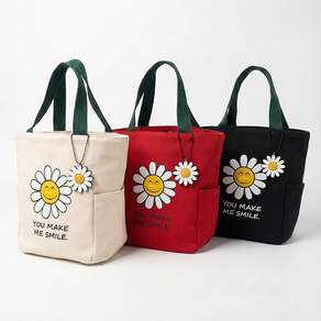 언즈 스마일 에코백 학생 성인 공용 피크닉 도시락 학원 신발 보조 가방, 블랙, 1개, 에코백 검정