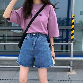 WPUY 4부 데님 반바지 여성용 여름 핀턱 주름 숏팬츠(2color) A라인 난스판 하이웨스트 루즈핏 캐주얼 청반바지