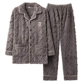 L-3XL 양털 단색 두텁게 남자 잠옷 세트 긴팔 상하의세트 따뜻한 프리미엄 수딩 긴팔 겨울용 홈웨어 요루면