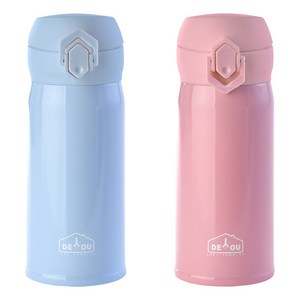 디유 비비드 2중 진공 원터치 보온병 2종 세트, 핑크 + 스카이, 350ml, 1세트