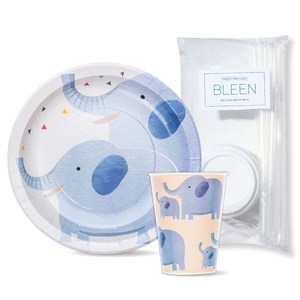 BLEEN 정글 파티 코끼리 종이접시 180mm 10p + 종이컵 8oz 10p + 빨대 15p + 캡 10p, 1개