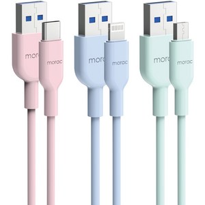 모락 트리플 롤롤 USB-5핀 + USB-8핀 + USB-C타입 고속 충전 케이블 세트, 핑크, 블루, 민트, 1세트, 2m