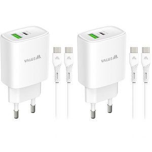 밸류엠 25W 2포트 PPS 초고속 멀티 USB-A / USB-C 충전기 + C타입 to C타입 케이블 세트, 화이트, 2세트