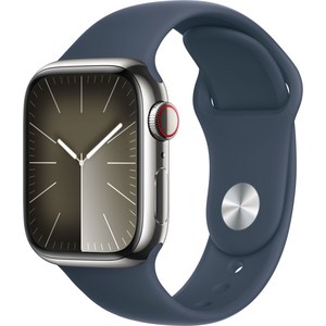 Apple 애플워치 9 GPS+Cellular, 41mm, 스테인리스, 실버 / 스톰 블루 스포츠 밴드, S/M