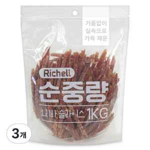 리첼 순중량 강아지 간식, 오리바슬라이스, 1kg, 3개