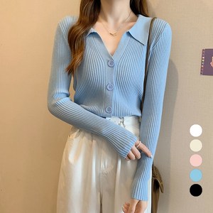 엘쏘 여성용 골지 카라 버튼 긴팔 니트