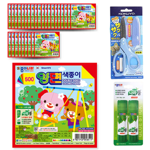 종이나라 500 양면색종이 30p + 고쿠요 SAXA 플라이 캡 가위 블루 + 종이나라 나라풀 15g x 2p, 1세트, 20색