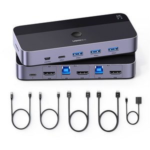 UGREEN 유그린 HDMI 2.0 KVM 스위치 4K@60Hz 고해상도 지원 2 PC는 1개의 디스플레이 와 4개의 USB 3.0 장치를 공유하기 초고속 데이터 전송, BLACK, 1개