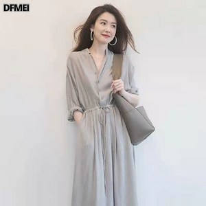 DFMEI 여성 여름 빅 사이즈 원피스 루즈핏 스트링 원피스 브이넥 롱치마