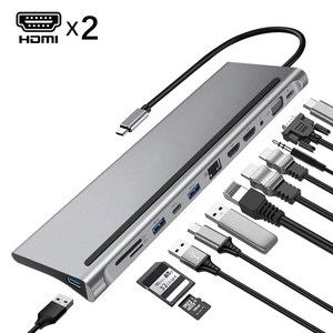 12 in-1 USB C 허브 듀얼 HDMI 4K 유형 C 도킹 스테이션 RJ45 PD 100W 어댑터 VGA 100Mbps 기가비트 이더넷 USB 3.0 허브, 12 in 1, 12 in 1, 1개