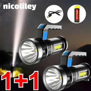 nicoliley 초강력 LED 후레쉬 충전식 서치라이트 미니 고휘도 손전등 후레쉬 1+1, 블랙*1+1, USB