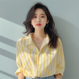 besteffie 여성 가을용 셔츠 카라넥 루즈핏 옐로우 스트라이프 편한 셔츠남방 캐쥬얼 빅사이즈 남방 C88