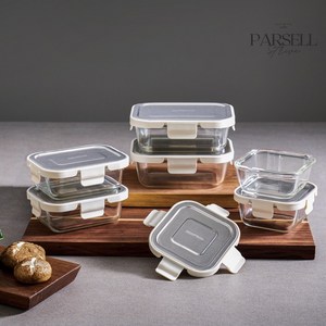 파르셀 글라스 밀폐용기 304스텐 커버 내열유리 6종세트, 직사각 370ml x 4 + 정사각 310ml x 2, 1세트