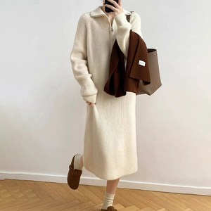 Asue 여자 추동 니트 원피스 지퍼 레저 긴팔 원피스
