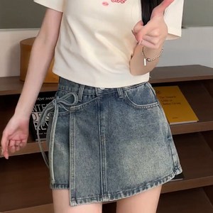 CABULE 청치마 여름 여성 미니치마 리본 데님스커트 랩스커트