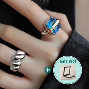 LuckyGloy 실버 사파이어 블루 엔틱 오픈링 고퀄리티 사각모양 여성반지 아모아 은반지 사이즈 조절가능한 힙합반지 GD 반지 + 사은품