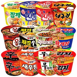 컵라면 큰컵 12종 (신라면+육개장+김치+무파마+새우탕+오징어짬뽕+튀김우동+짜파게티+너구리+진라면매운맛+진라면순한맛+참깨라면), 1세트