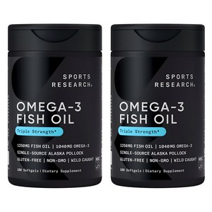 스포츠리서치 야생포획 알래스카산 명태 1040mg 오메가-3 피쉬 오일 트리플 스트렝스 소프트젤, 180정, 2개