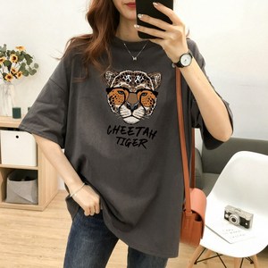 스타일아유 여성 여름 면100% CHEETAH TIGER 레터링 프린팅 루즈핏 반팔 티셔츠 빅사이즈 M~2XL 반팔티 롱티 캐주얼 오버핏 자체제작