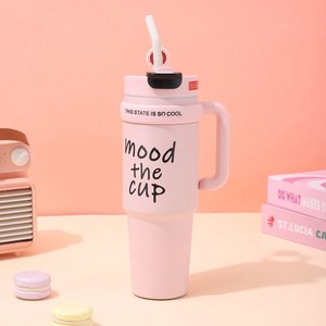 보온병 컵 316 스테인레스 스틸 대용량 자동차 컵 흡입 튜브 컵 커피 컵, 큰 눈 패치 + 차 창고 + 컵 솔과 빨대 솔, 핑크 1000ml, 1개