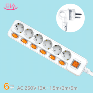 국산 현대 개별+과부하차단 콘센트 멀티탭 6구, 1개, 5m