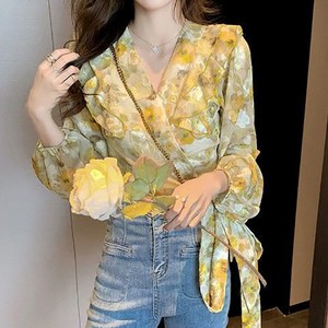 옐로우 플라워 블라우스 여성 봄 끈 숏 프릴 부드러운 바람 초선 상의