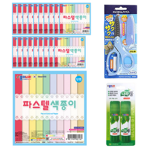 종이나라 1500 파스텔 단면색종이 20p + 고쿠요 SAXA 플라이 캡 가위 핑크 + 종이나라 나라풀 15g x 2p, 1세트, 10색