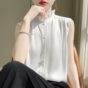ROYALBELLE 여성 하이넥 레이스 민소매 셔츠 새틴 단추 단색 얇은 나시 J042209