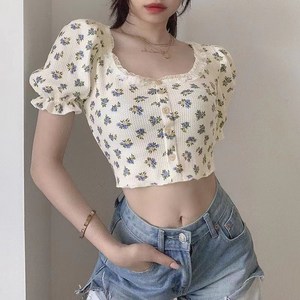 리프 여성용 플라워 프릴 퍼프 소매 크롭 티셔츠