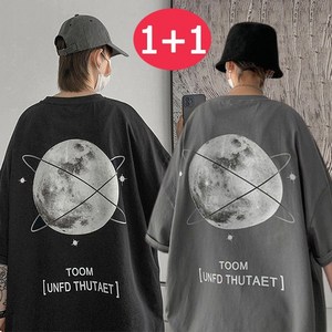 1+1 남성 달 프린팅 반팔 티셔츠 오버핏 라운드티 빅사이즈 반팔티 순면 롱티 데일리 3XL~5XL
