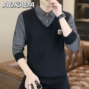 AOKADA 니트 봄가을용 겨울 남성 기모 도톰 레이어드 스타일 투인원 스웨터 남성 일체형 기모 니트 기본 상의 슬림 핏 멋진 니트