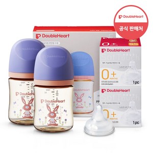 더블하트 모유실감3세대 젖병 트윈팩+젖꼭지2입+물티슈, 1개, 160ml, 놀러올래빗(SS 2입)