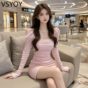 vsyoy 긴 소매 핑크 스퀘어 칼라 원피스 가을 플리츠 슬림 핏 새로운 스파이스 소녀 타이트 허리 슬리밍 스커트