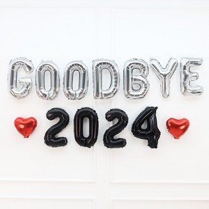 파티짱 GOODBYE 2024 하트 풍선 세트 새해 신년회 연말파티 해피뉴이어, 실버블랙레드