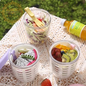 AOHAO 1+1 물빠짐 과일 도시락통 2pcs 세트 포크 샐러드 런치팟 푸르트팟, 2개, 노란색+퍼플