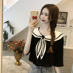 해피유통 여성 세일러 칼라 반팔 티셔츠 리본 디테일 캐주얼 봄 여름 가을 상의wj