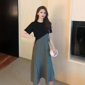 요모조모 2030 사선 체크 롱 반팔 원피스