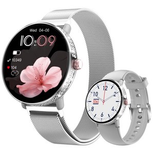WAPIK 여성 스마트워치 ME10 통화가능 GPS 1.19인치 밴드 18mm 한글판, GPS + 블루투스, 3cm, 실버