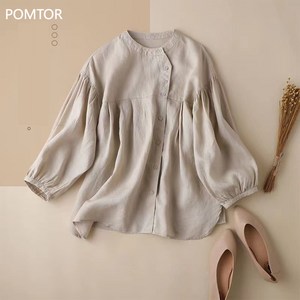 POMTOR 여성 린넨셔츠 베이직 9부소매 셔츠 면마 셔츠