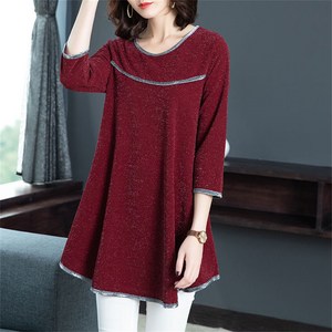 besteffie 봄 가을 중년여성티셔츠 라운드넥 9부소매 반짝이 셔링 빅사이즈 엄마옷 긴팔티셔츠 C15
