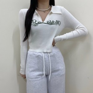 VANANA2 여성 캐주얼 레터링 데일리 카라 크롭 슬림핏 긴팔티셔츠 4color